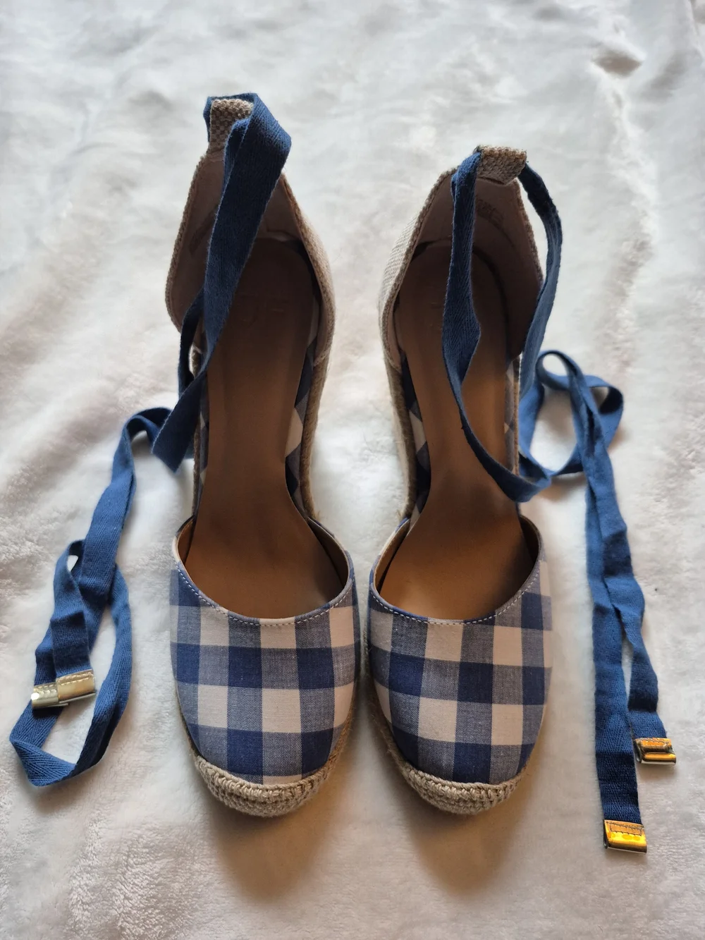 JustFab Blue and White Gingham Espadrille Wedge Sandals with Ankle Wraps